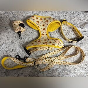 Gnome/Sunflowers Dog Harness, Collar, Leash, Bandanna, Dog Poop Bag and Bow tie